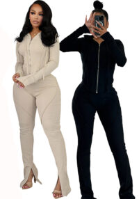 Women Autumn/Winter Ribbed Patchwork Casual Top and Pant Two-Piece Set