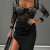 Women Beaded Patchwork See-Through Mesh Dress