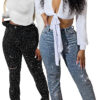 Women Beaded Pocket Ripped Denim Pants