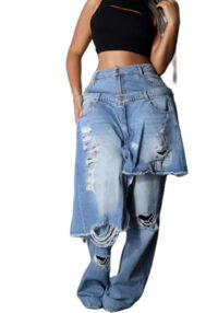 Women Casual Fashion Stretchy Apron Denim Ripped Pant