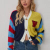 Women Casual Multi-Color Letter Sweater Stripe Contrast Button Long-Sleeved Cropped Jacket
