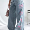 Women casual printed washed butterfly denim pants