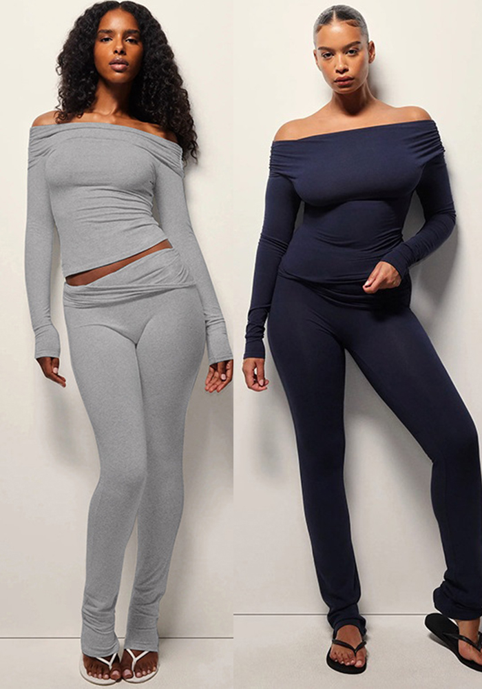 Women Casual Sporty Off-The-Shoulder Long-Sleeved Top and Pants Two-Piece Set