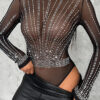 Women Chic Diamond Round Neck Mesh Bodysuit