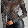 Women Chic Diamond Round Neck Mesh Bodysuit
