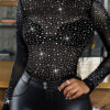 Women Chic Diamond Round Neck Mesh Bodysuit