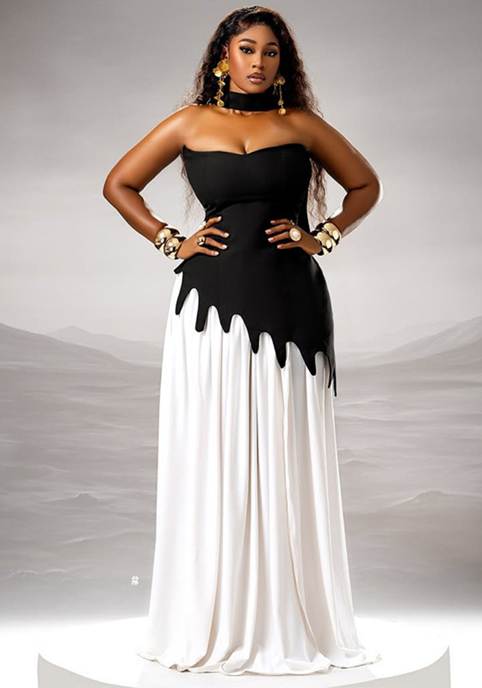 Women Contrast Black and White Patchwork Strapless Asymmetrical Dress