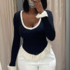 Women contrasting striped knitting autumn ruffled bell bottom sleeve top