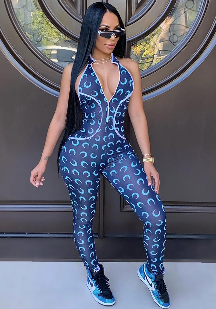 Women Crescent Moon Print Halter Neck Jumpsuit