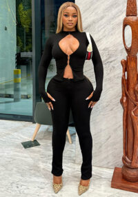 Women Cutout Hook-and-Snap Zipper Top and Pants Two-Piece Set