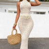 Women Cutout Knitting Tassel Sleeveless Turtleneck Top and Skirt Two-Piece Set