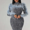 Women Cutout Long Sleeve Feather Sequin Bodycon Dress