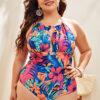Women Deep V Low Back Print Holidays Plus Size One-Piece Swimsuit