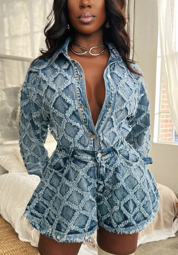 Women diamond raw edge hook flower washed cardigan Top and shorts two-piece set