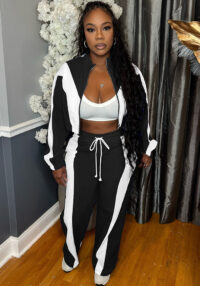 Women double stripe contrasting sport casual two-piece suit