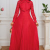 Women elegant bow lace see-through Long-sleeved pleated dress