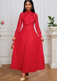 Women elegant bow lace see-through Long-sleeved pleated dress