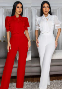 Women Elegant Style Lace Patchwork Lace-Up Wide-Leg Jumpsuit