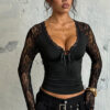Women Fall Lace Patchwork V-Neck Long-Sleeved Top