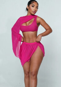 Women Fall Mesh Sexy One-Sided Long-Sleeve Crop Top with Pleated Slit Skirt Two-Piece Set