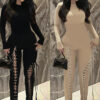 Women Fall/Winter Long-Sleeved Sexy Cutout Lace-Up Jumpsuit