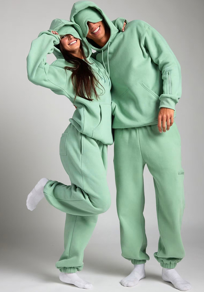 Women Fall/Winter Solid Hoodies with Eye Mask and Pants Two-Piece Set