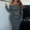 Women Fall/Winter Striped Off-Shoulder Crop Top and Skirt Two-Piece Set