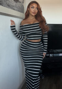 Women Fall/Winter Striped Off-Shoulder Crop Top and Skirt Two-Piece Set