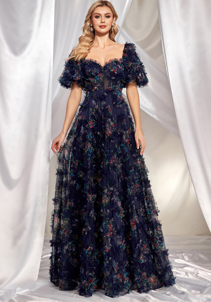 Women Floral U-neck Short Sleeve Party Formal Party Evening Dress