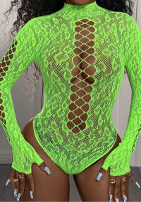 Women Green Jacquard Cutout Bikini Long-Sleeved Mesh One-Piece Sexy Lingerie