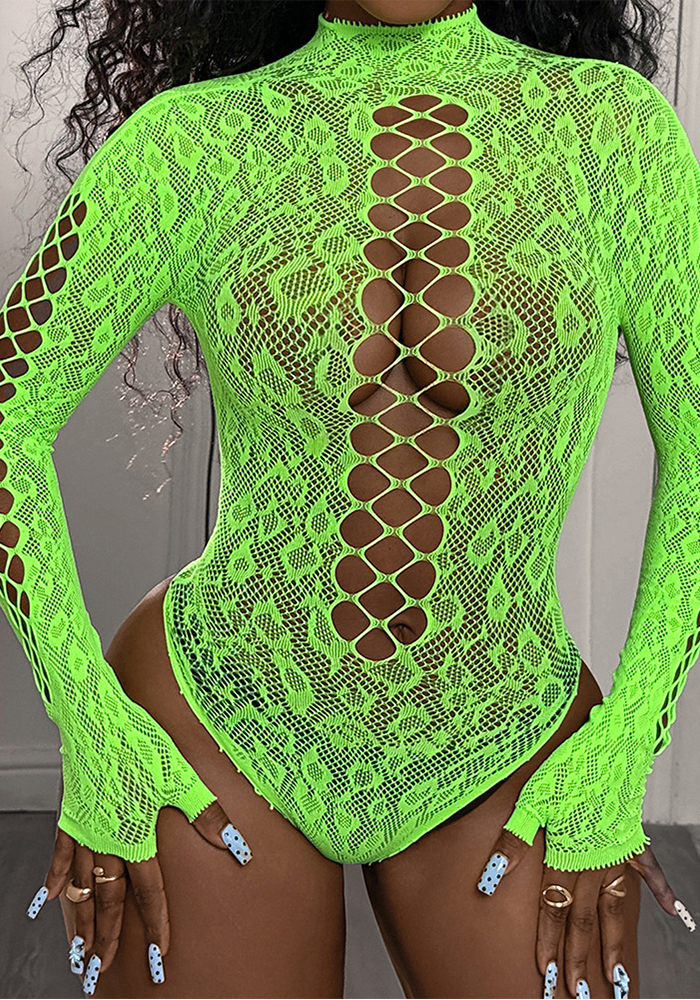Women Green Jacquard Cutout Bikini Long-Sleeved Mesh One-Piece Sexy Lingerie