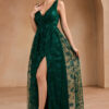 Women High Mesh Embroidered V-Neck Slit Evening Dress(Processing time need 3-6 days)