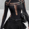 Women Hollow Ripped Hollow High Neck Bodysuit