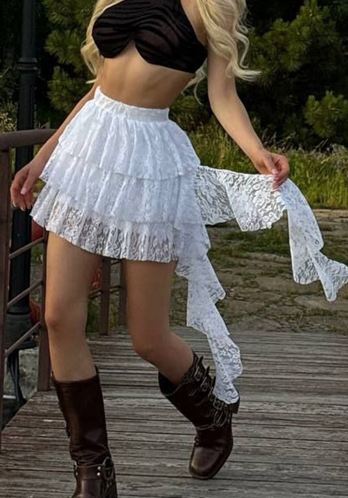 Women lace cascading ruffles irregular solid skirt