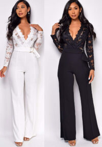 Women Lace Patchwork Long-Sleeved Casual Wide-Leg Jumpsuit