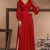 Women Long Sleeve Formal Party Sexy Slit Evening Dress
