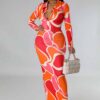 Women Long Sleeve Printed Bodycon Maxi Dress
