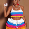 Women Multi-Color Striped Knitting Halter Neck Top and Ruffle Shorts Two-Piece Set