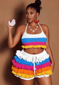 Women Multi-Color Striped Knitting Halter Neck Top and Ruffle Shorts Two-Piece Set