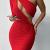 Women One Shoulder Long Sleeve Cut Out Dress