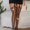 Women Open Crotch Geometric Hollow Tights Rhinestone Diamond Fishnet Stockings