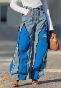 Women Patchwork Contrast Zipper Denim Wide-Leg Pants