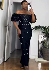 Women Pearl Strapless Off-the-Shoulder Formal Party Bandage Maxi Dress