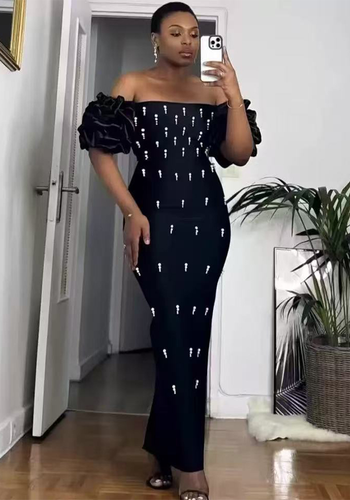 Women Pearl Strapless Off-the-Shoulder Formal Party Bandage Maxi Dress