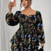 Women Printed Cascading Ruffles Square Neck Backless Sexy Puff Sleeve Dress