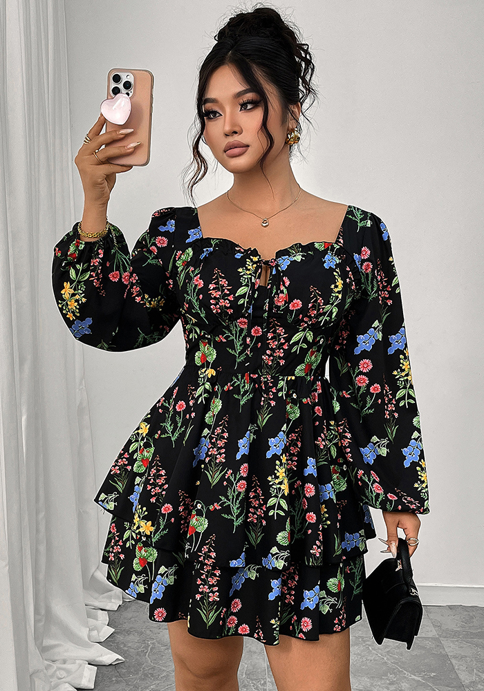 Women Printed Cascading Ruffles Square Neck Backless Sexy Puff Sleeve Dress