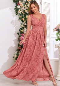 Women Printed Chiffon Party Sleeveless V-Neck Slit Evening Dress(Processing time need 3-6 days)