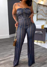 Women Printed Sleeveless Strapless Elastic Bodycon Wide Leg Jumpsuit