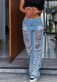 Women Ripped Tassel Denim Pants