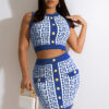 Women Round Neck Sleeveless Geometric Pattern Top and Skirt Two-Piece Set